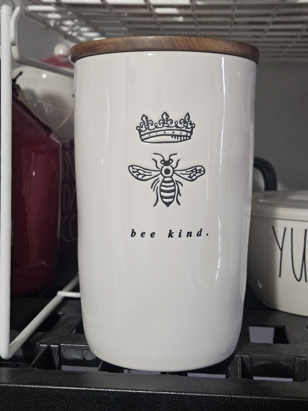 Rae Dunn Ceramic 'Bee Kind' Canister with Wood Lid - White